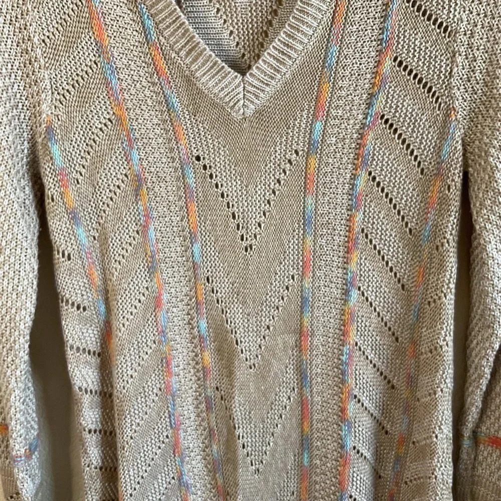 Anthropology Love On a Hanger Womens Tan Blue Orange‎ Knit V-Neck Sweater Small - Picture 3 of 6